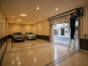 سرویس و رگلاژ کرکره برقی آلومینیومی پارکینگ ساختمان مسکونی توسط تکنسین